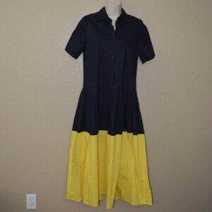 NWT $348 Sz S 4 38 Laboratorio Navy Yellow Cotton Midi Short Sleeve Dress